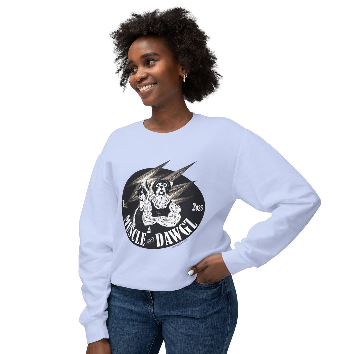 Muscle Dawgz Crewneck Sweatshirt — Retro Gym Dog Illustration