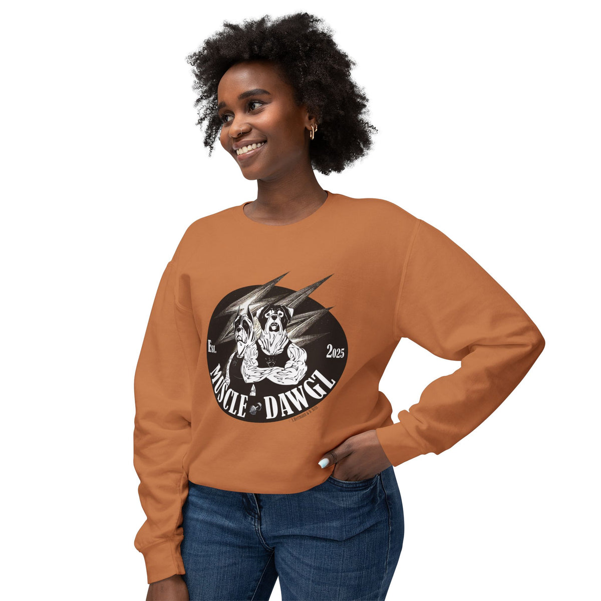 Muscle Dawgz Crewneck Sweatshirt — Retro Gym Dog Illustration