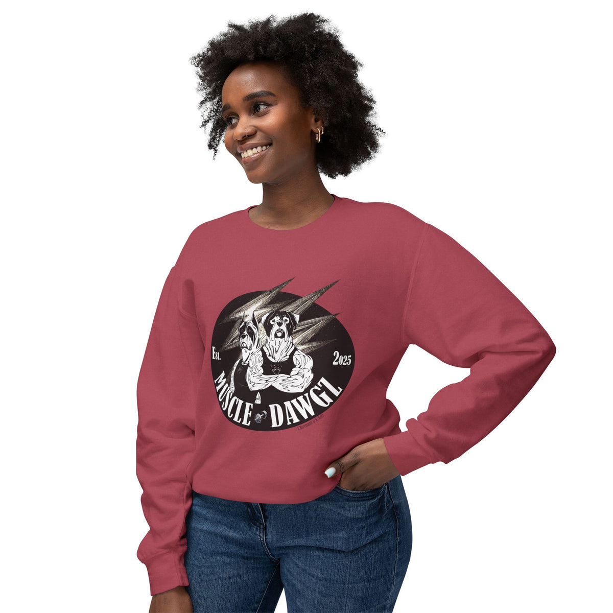 Muscle Dawgz Crewneck Sweatshirt — Retro Gym Dog Illustration