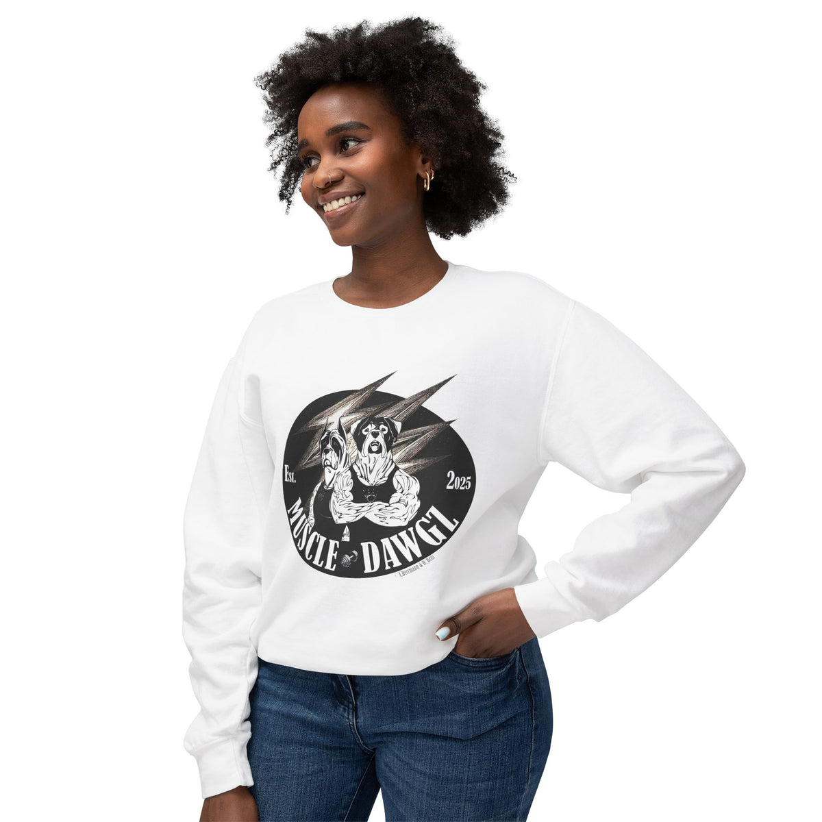 Muscle Dawgz Crewneck Sweatshirt — Retro Gym Dog Illustration