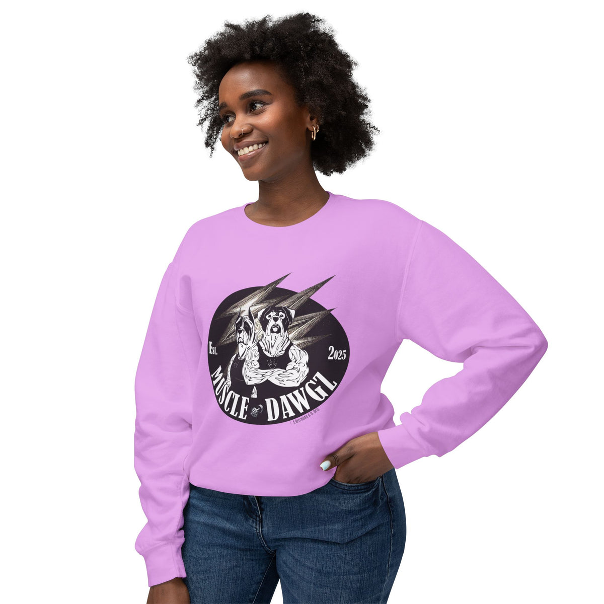 Muscle Dawgz Crewneck Sweatshirt — Retro Gym Dog Illustration