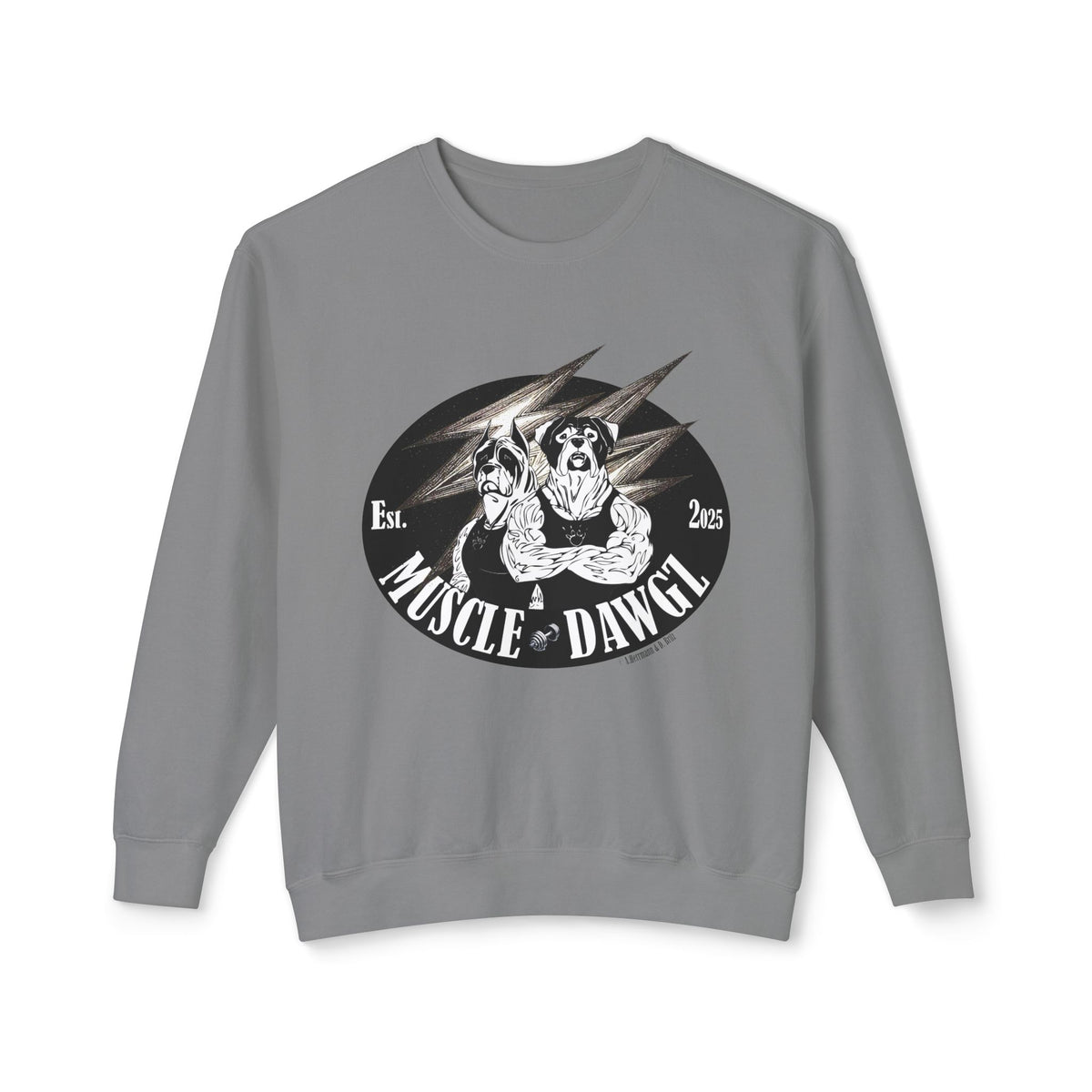 Muscle Dawgz Crewneck Sweatshirt — Retro Gym Dog Illustration