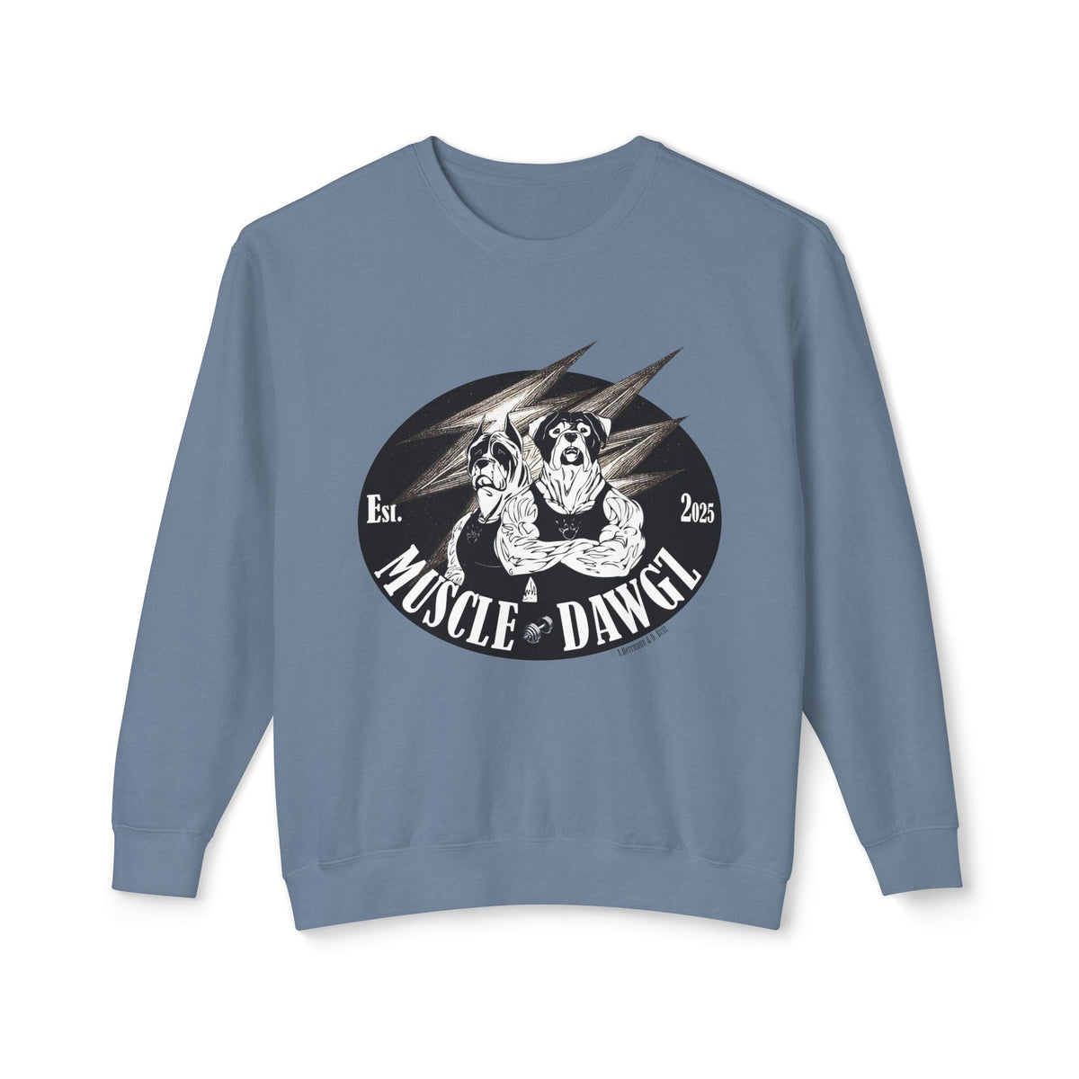 Muscle Dawgz Crewneck Sweatshirt — Retro Gym Dog Illustration