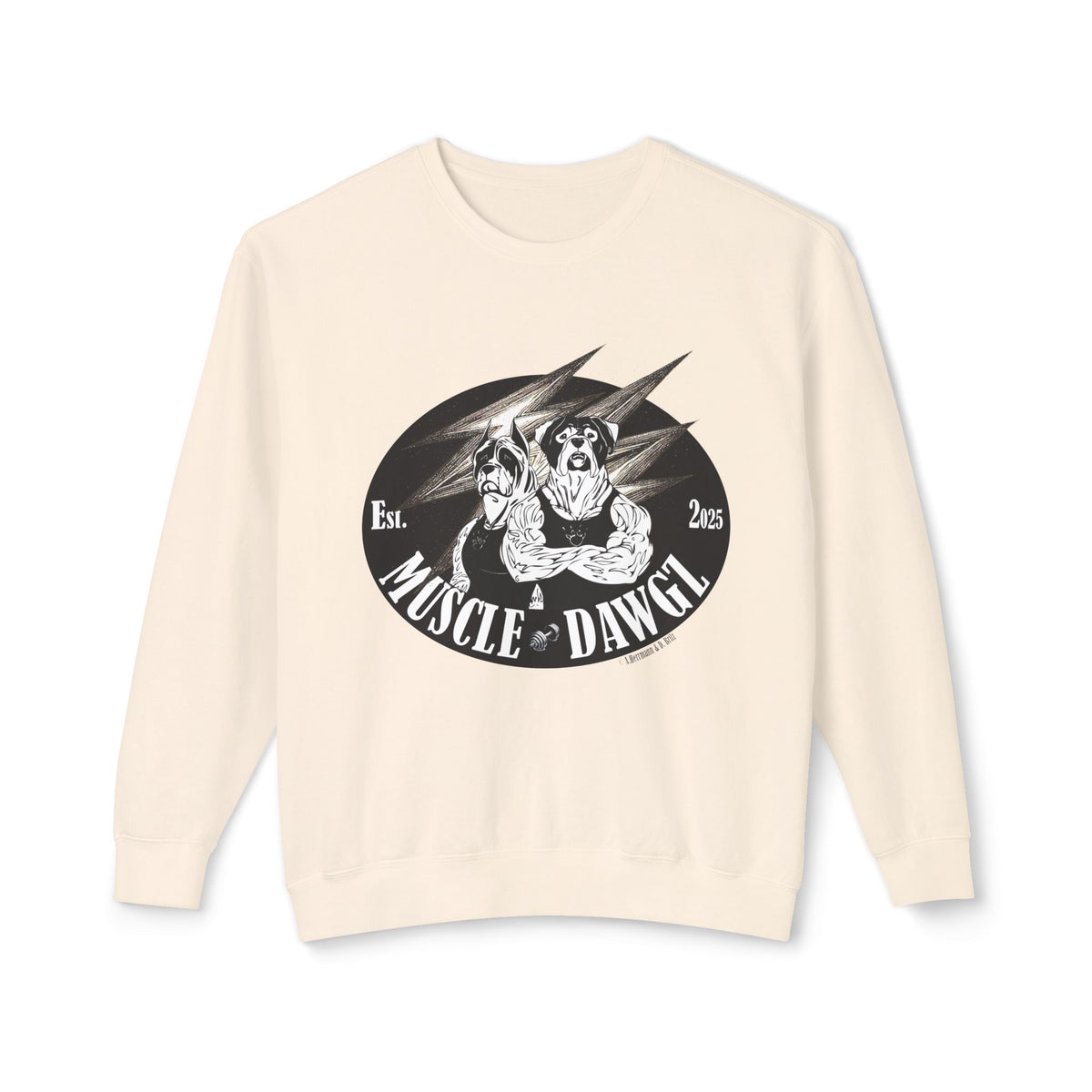 Muscle Dawgz Crewneck Sweatshirt — Retro Gym Dog Illustration