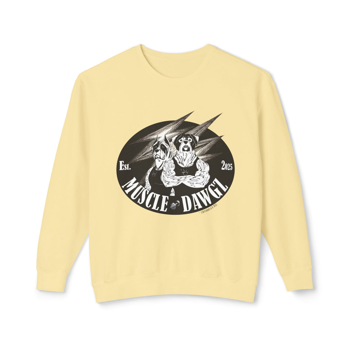 Muscle Dawgz Crewneck Sweatshirt — Retro Gym Dog Illustration