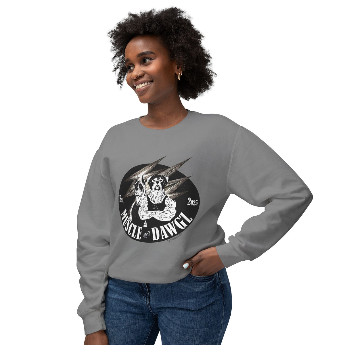 Muscle Dawgz Crewneck Sweatshirt — Retro Gym Dog Illustration