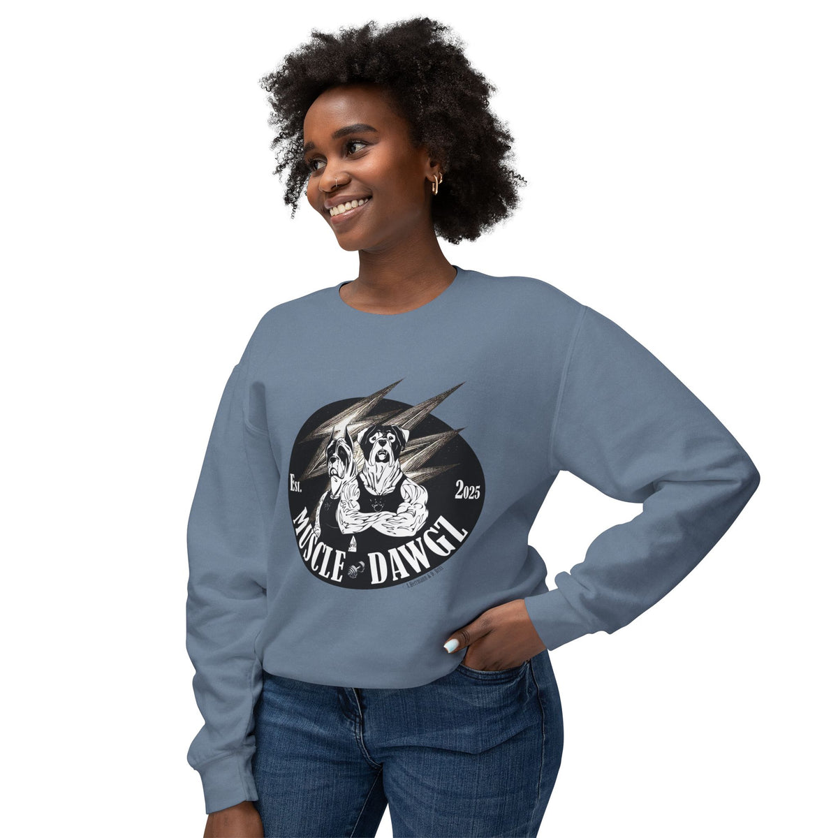 Muscle Dawgz Crewneck Sweatshirt — Retro Gym Dog Illustration