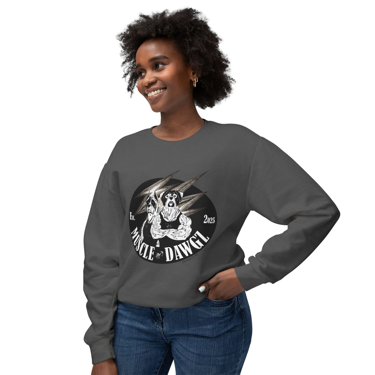 Muscle Dawgz Crewneck Sweatshirt — Retro Gym Dog Illustration