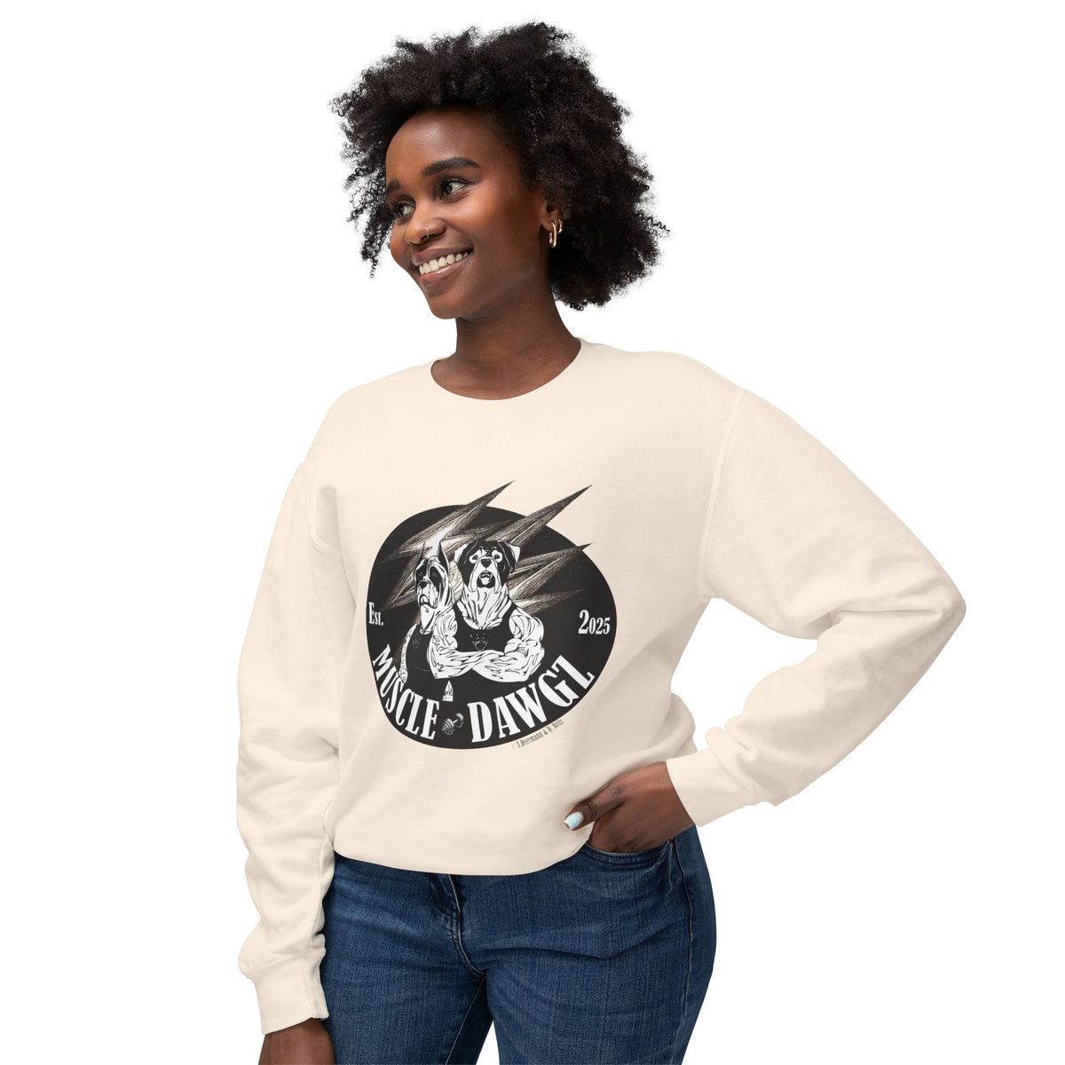 Muscle Dawgz Crewneck Sweatshirt — Retro Gym Dog Illustration
