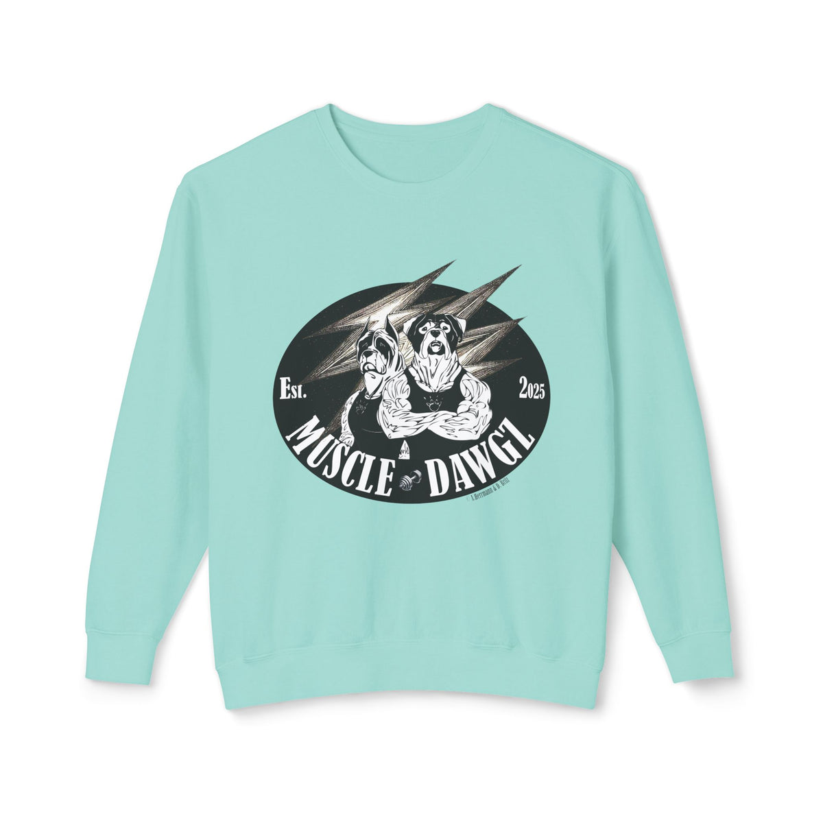 Muscle Dawgz Crewneck Sweatshirt — Retro Gym Dog Illustration