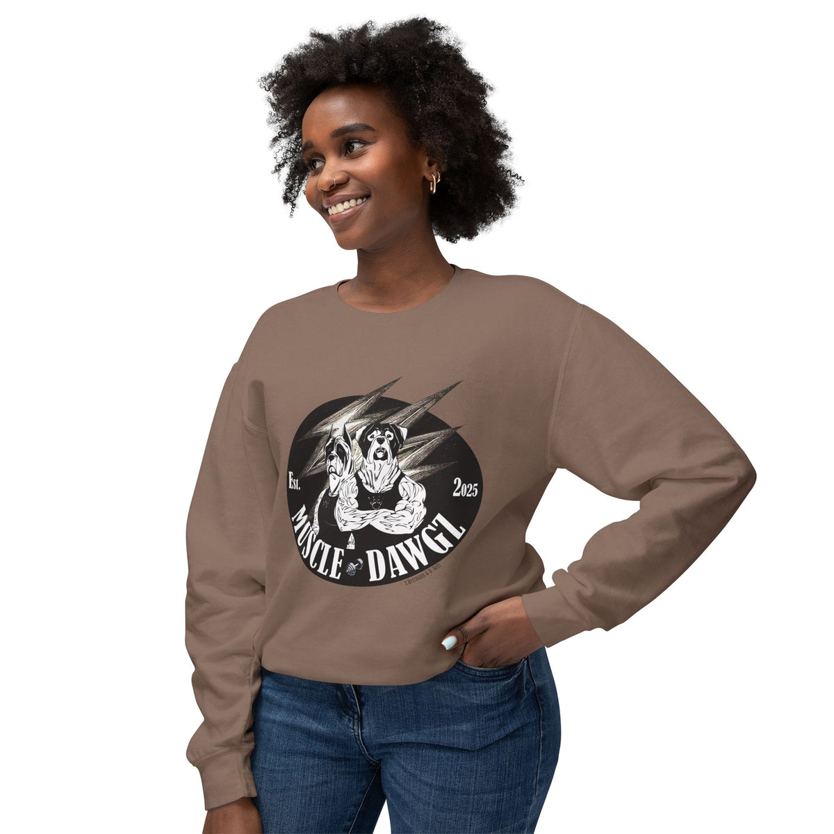 Muscle Dawgz Crewneck Sweatshirt — Retro Gym Dog Illustration